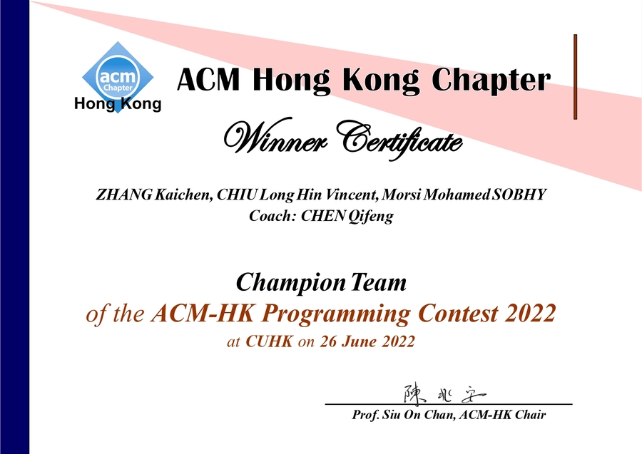 Certificate issued by ACM-HK