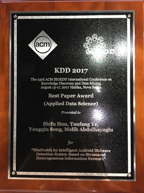 Plaque for the Best Paper Award at the 23rd ACM SIGKDD Conference on Knowledge Discovery and Data Mining in 2017.