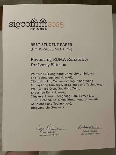 Best Student Paper Award (Honorable Mention) - SIGCOMM 2025