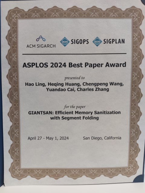 Certificate for the Best Paper Award at the ACM International Conference on Architectural Support for Programming Languages and Operating Systems in 2024.