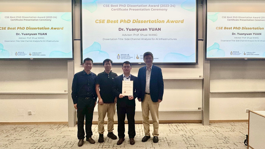 CSE Best PhD Dissertation Awardee, Dr. Yuanyuan Yuan
(From left to right): Prof. Kai Chen, Dr. Shuai Wang, Dr. Yuanyuan Yuan and Prof. Xiaofang Zhou