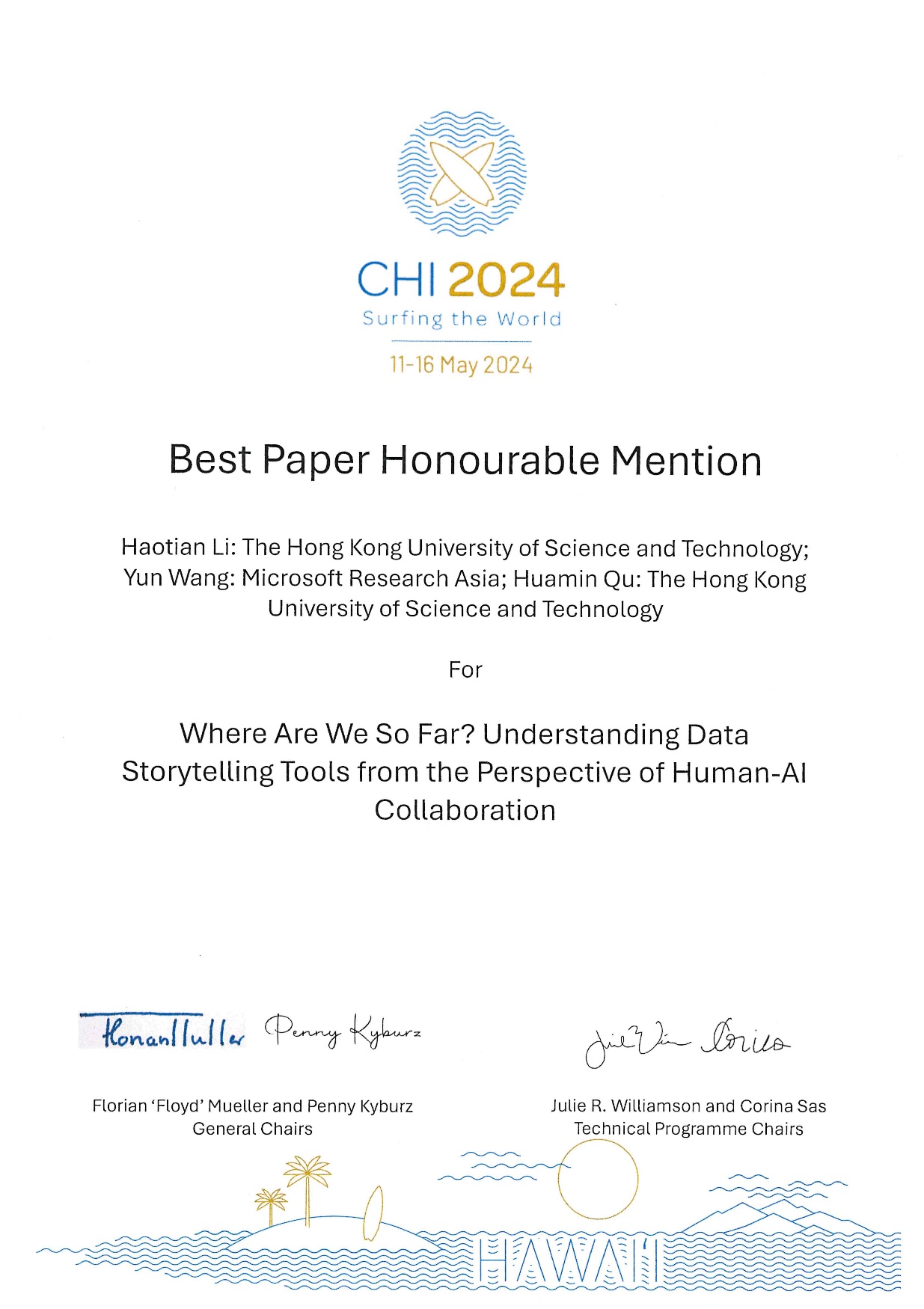 Certificate for the Best Paper Honourable Mention at CHI 2024