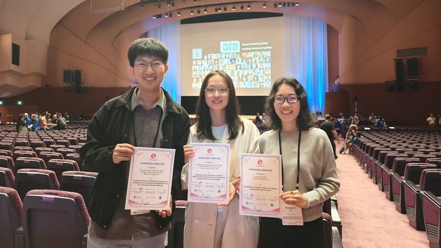 (From left) Dr. Shuai Ma, Ms. Hanfang Lyu, Dr. Xiaojuan Ma receiving the ACM CHI Conference on Human Factors in Computing Systems 2025 Best Paper Honorable Mention.