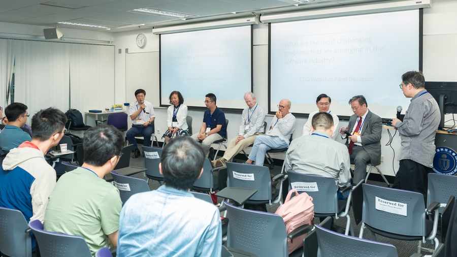 From left: Prof. Zhenjiang Hu (Peking University), Prof. Zhi Jin (Peking University), Dr. Xin Xia (Huawei Technologies), Prof. Jeff Kramer (Imperial College London), Prof. Carlo Ghezzi (Politecnico di Milano), Prof. Michael Lyu (CUHK), Prof. Yike Guo (HKUST), and Prof. Shing-Chi Cheung (HKUST) actively engaged in the panel discussion, sharing their insights.