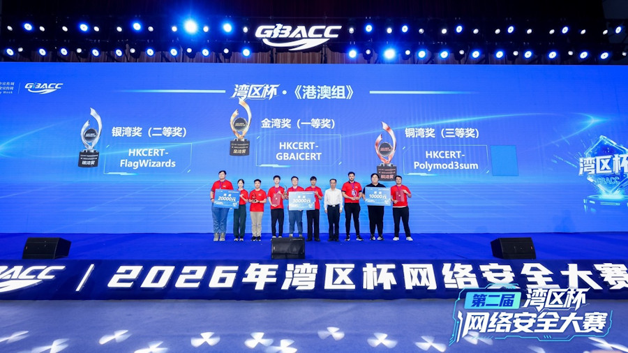 Winners of the Championship (金灣獎): JIANG Kit Hoi (4th from left), KONG Chi Yuen (5th from left), and MA Zheng Qing Isaac (6th from left).