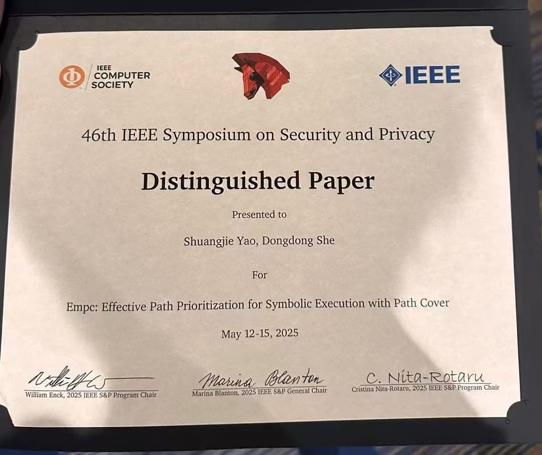 Dr. Dongdong SHE and student Shuangjie YAO honored with the Distinguished Paper Award at the 46th IEEE Symposium on Security and Privacy 2025.