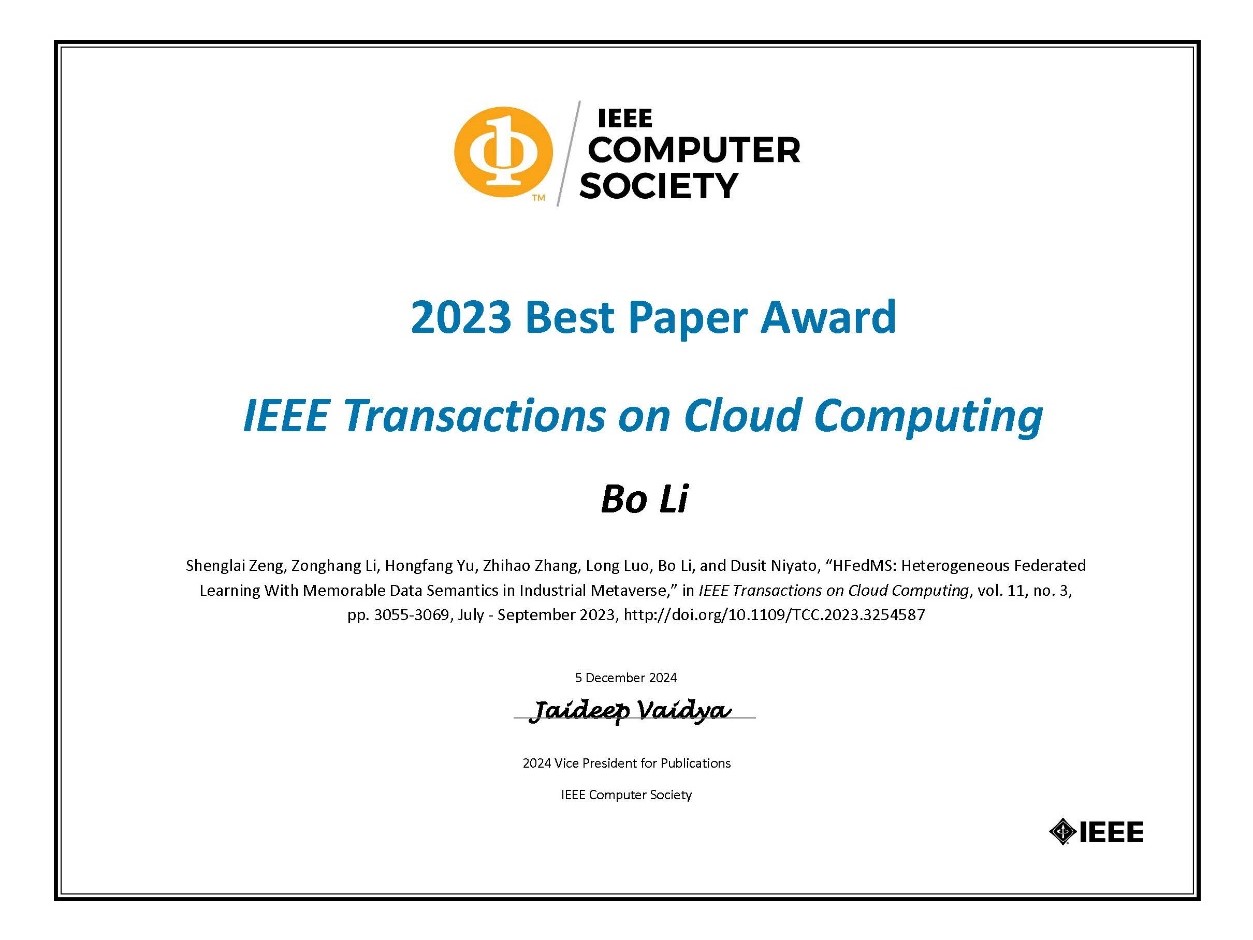 Prof. Bo Li Received 2023 Best Paper Award from IEEE Transactions on Cloud Computing