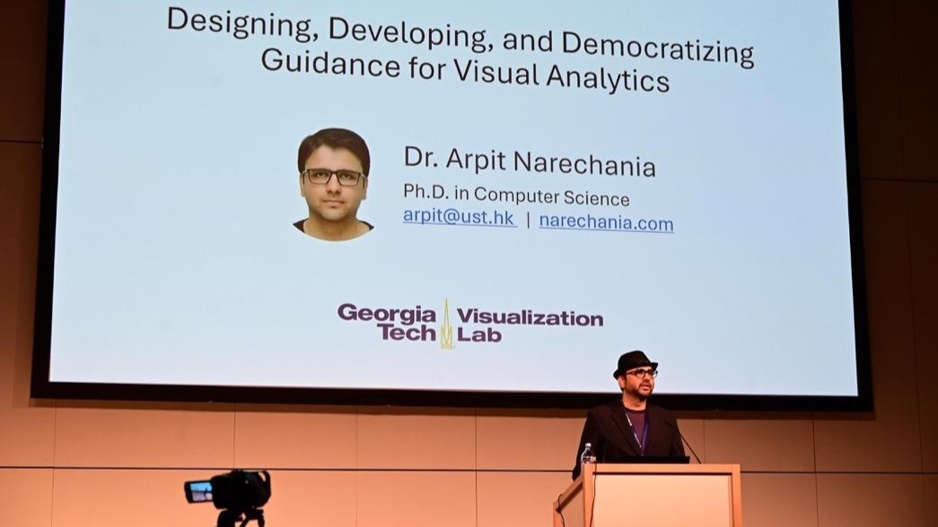 Dr. Narechania accepting the IEEE VGTC Visualization Dissertation Award at the 2025 IEEE VIS Conference in Vienna, Austria.