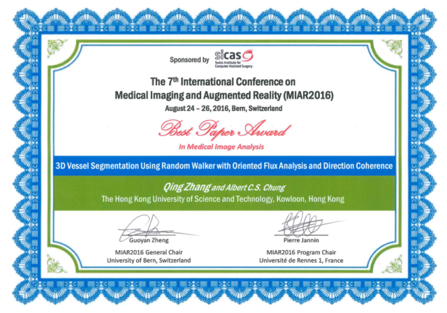 Prof. Albert C.S. Chung and PhD Student Qing (Chloe) Zhang Win Best Paper Award in MIAR 2016