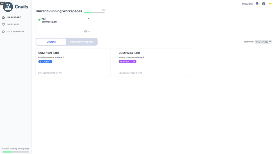 Dashboard page of Cnails, showing active workspaces and courses