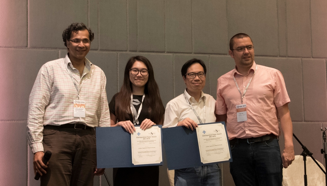 (from left to right) Prof Sarfraz KHURSHID (Program Co-chair, ASE 2016), Lili WEI, Prof Shing-Chi CHEUNG, Prof Sven APEL (Program Co-chair, ASE 2016) at the award presentation ceremony