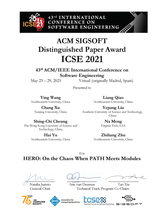 Certificate of ACM SIGSOFT Distinguished Paper Award at 43rd ACM/IEEE International Conference on Software Engineering