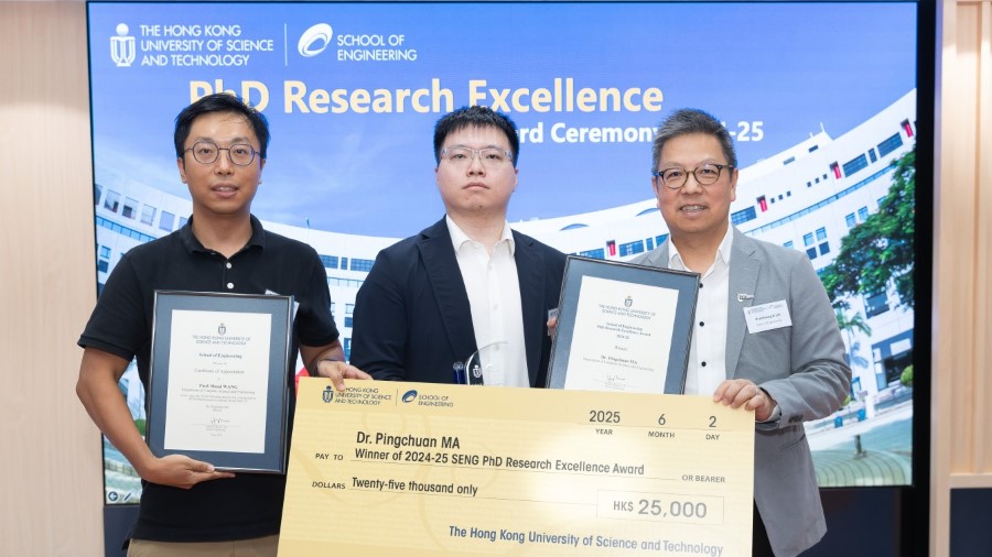 Dr. Ma Pingchuan (center), winner of the HKUST SENG PhD Research Excellence Award 2024-25, was presented the award by Dean of Engineering Prof. Hong K. Lo (right). The award contains a trophy, a certificate and a cash prize of HK$25,000. Dr. Ma’s PhD advisor, Prof. Wang Shuai (left), Associate Professor of Computer Science and Engineering, also received a certificate of appreciation.