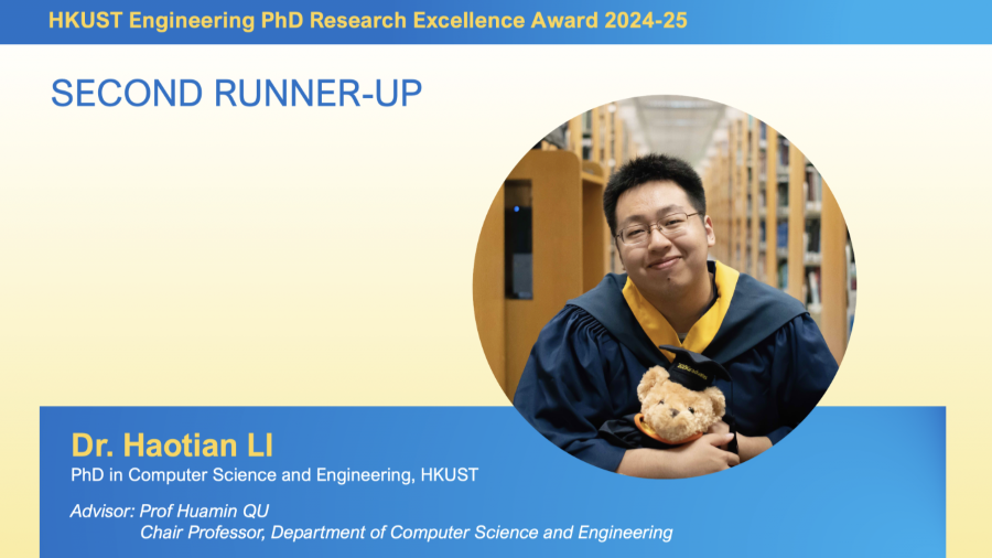 Dr. Li Haotian, a 2024 PhD graduate in Computer Science and Engineering, is the Second Runner-Up. He will be presented with a trophy, a certificate and a cash prize of HK$8,000.
