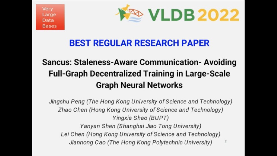 The "Best Regular Research paper" for "SANCUS: Staleness-Aware Communication-Avoiding Full-Graph Decentralized Training in Large-Scale Graph Neural Networks"